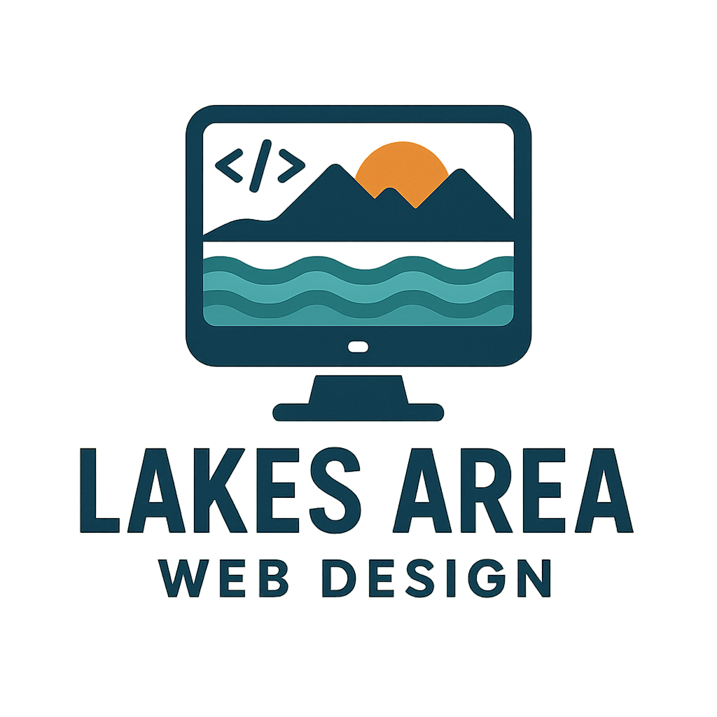 Lakes Area Web Design logo showing a monitor with a mountain, sun, and waves — representing web design services inspired by the Brainerd Lakes region.