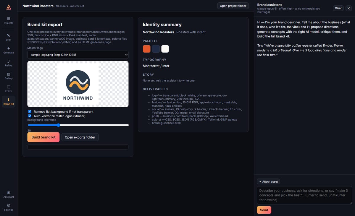 BrandForge brand kit export: master logo, deliverables list and the Build brand kit button