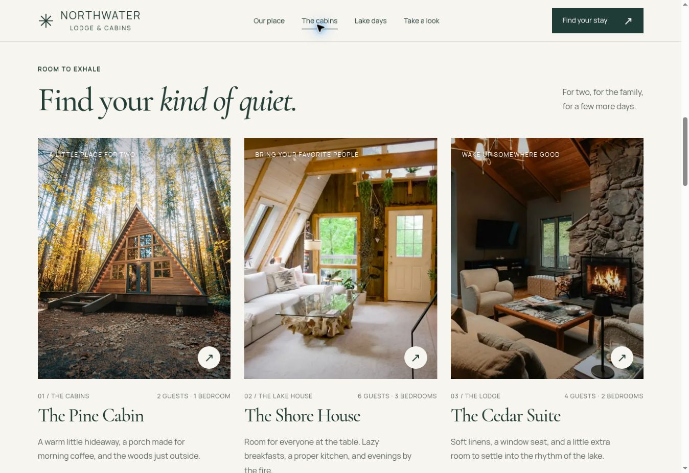 The cabin collection: three stays shown with guest counts and bedroom details alongside each photograph