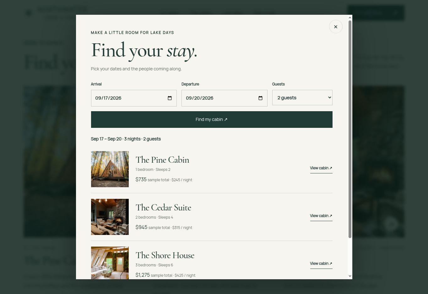 The stay planner comparing cabins by arrival date, departure date and party size, with every price clearly labelled as a sample