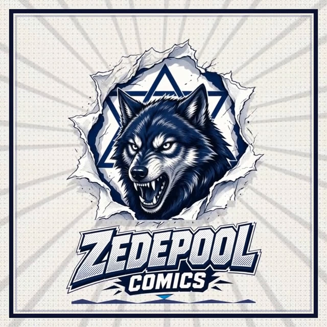ZedePool Comics wolf logo bursting through a torn comic panel